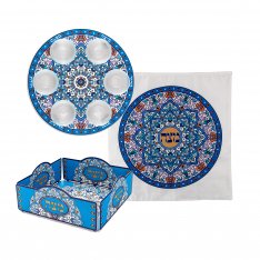 3-Piece Pesach Set, Plate & Cover & Tray with Blue & Orange Mandala - Dorit Judaica