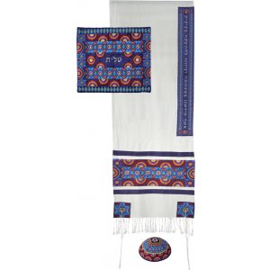 Embroidered Silk and Cotton Tallit Set, Blue and Red Stars of David - Yair Emanuel