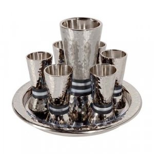Hammered Nickel Kiddush Goblet and Six Cups with Tray, Black Bands - Yair Emanuel