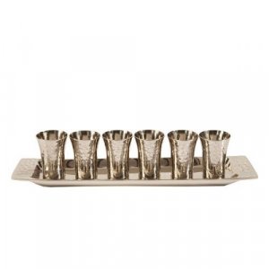Six Hammered Nickel Kiddush Cups and Tray, Silver Color - Yair Emanuel
