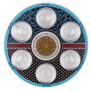 Circular Seder Plate with Six Glass Bowls, Turquoise and Mustard - Dorit Judaica