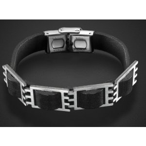 Man's Bracelet with Four Geometric Elements on Black Leather  Adi Sidler