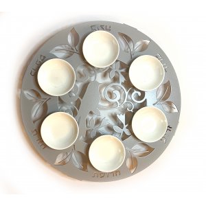 Raised Handmade Seder Plate with Cutout Bird and Leaves in Silver - Iris Design
