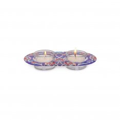 Blue Eastern Flower Design Glass and Metal Candle Holders for Tea Lights - Yair Emanuel