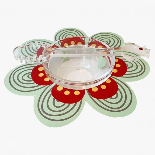 Flower Shaped Honey Dish with Glass Bowl and Spoon, Green and Red - Dorit Judaica