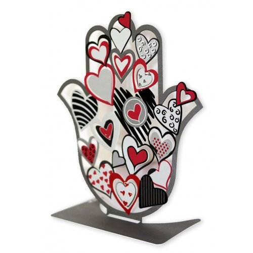 Free Standing Hamsa Sculpture with Red, Black and White Hearts - Dorit Judaica
