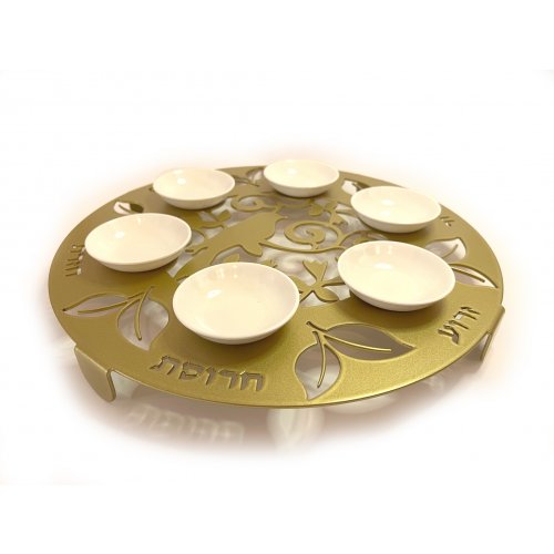 Raised Handmade Seder Plate with Cutout Bird and Leaves in Gold - Iris Design