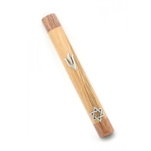 Rounded Mezuzah Case of Light Brown Wood - Silver Pewter Shin and Star of David