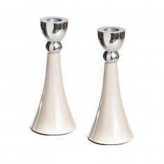 Shabbat Candlesticks, Cone Shaped in Gleaming White Enamel and Silver