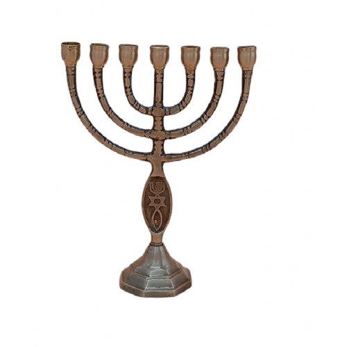 Small Seven Branch Menorah with Brass Antique Finish, Fish Design - 8 Height