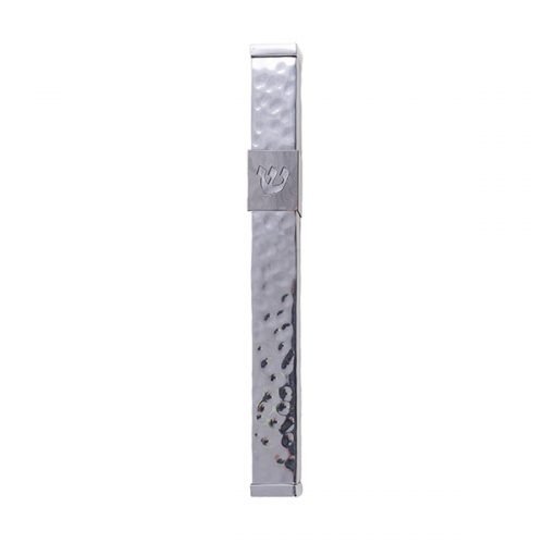 Stainless Steel Mezuzah Case Cutout Shin Letter, Hammered Silver - Yair Emanuel