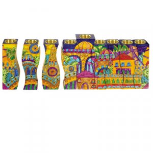 Hand Painted Wood Puzzle Menorah, Golden Jerusalem - Yair Emanuel