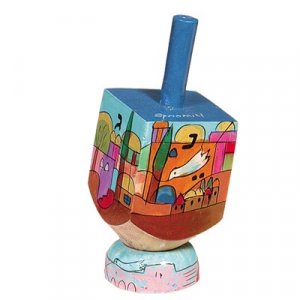 Hand Painted Wood Dreidel on Stand with Jerusalem Dove of Peace Small - Yair Emanuel