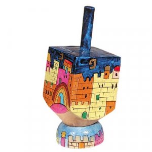 Hand Painted Wood Dreidel on Stand with Jerusalem Views Small - Yair Emanuel