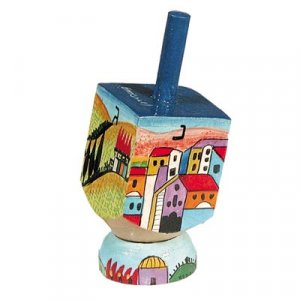 Hand Painted Wood Dreidel on Stand with Jerusalem Images Small - Yair Emanuel