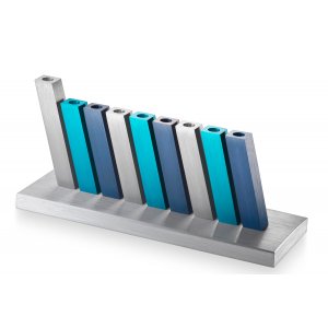 Kinetic Hanukkah Menorah Aluminum, Turquoise, Blue and Silver Rods - Adi Sidler