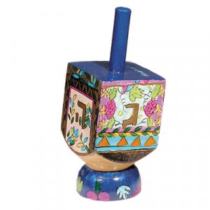 Hand Painted Wood Dreidel on Stand with Seven Species Small - Yair Emanuel