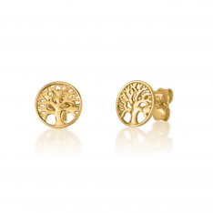 14K Yellow Gold Stud Earrings - Framed Tree of Life Framed in a Circle
