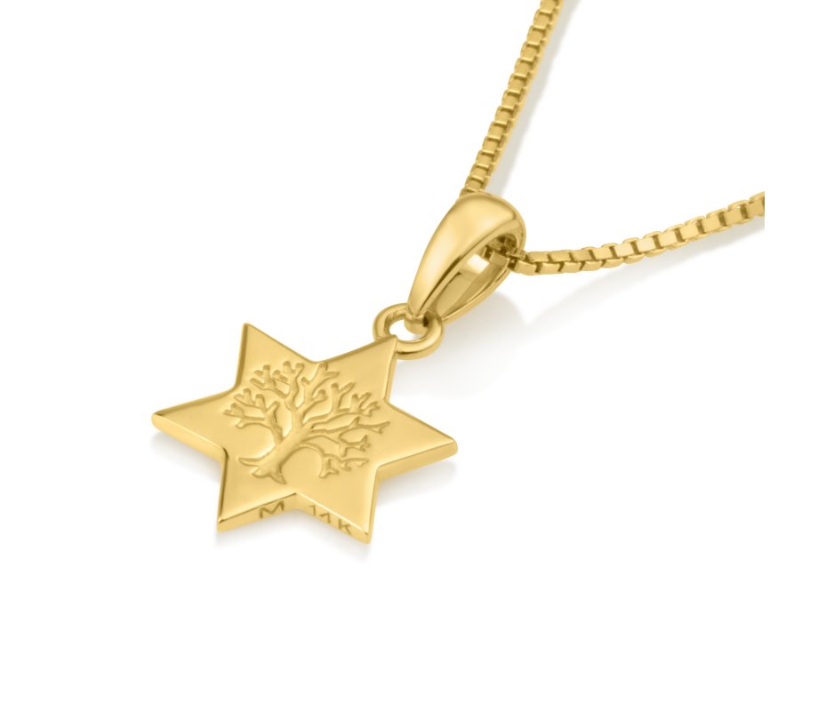 14k Gold Necklace and Pendant - Tree of Life Image in Center of Star of David