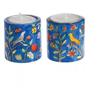 Small Hand Painted Wood Candlesticks, Birds & Pomegranates - Yair Emanuel
