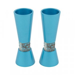 Cone Shaped Candlesticks with Decorative Jerusalem Band, Turquoise - Yair Emanuel