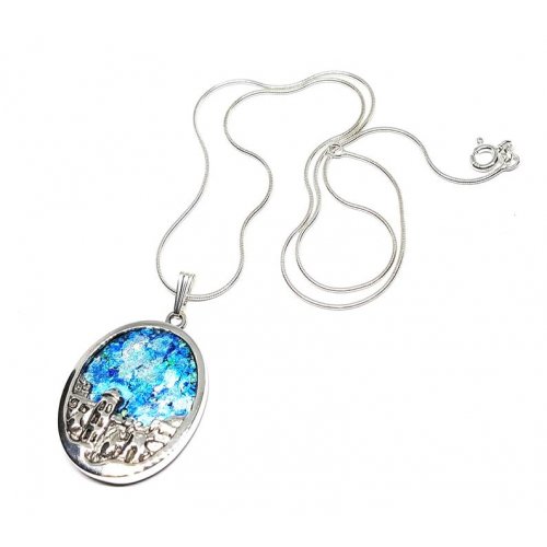 3D 925 Sterling Silver Pendant Necklace - Roman Glass Jerusalem Design