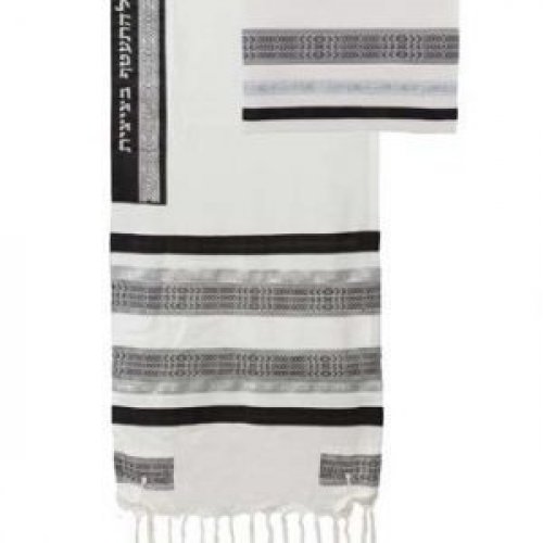 3-Piece Cotton Tallit Set with Appliques, Black and White Stripes - Yair Emanuel