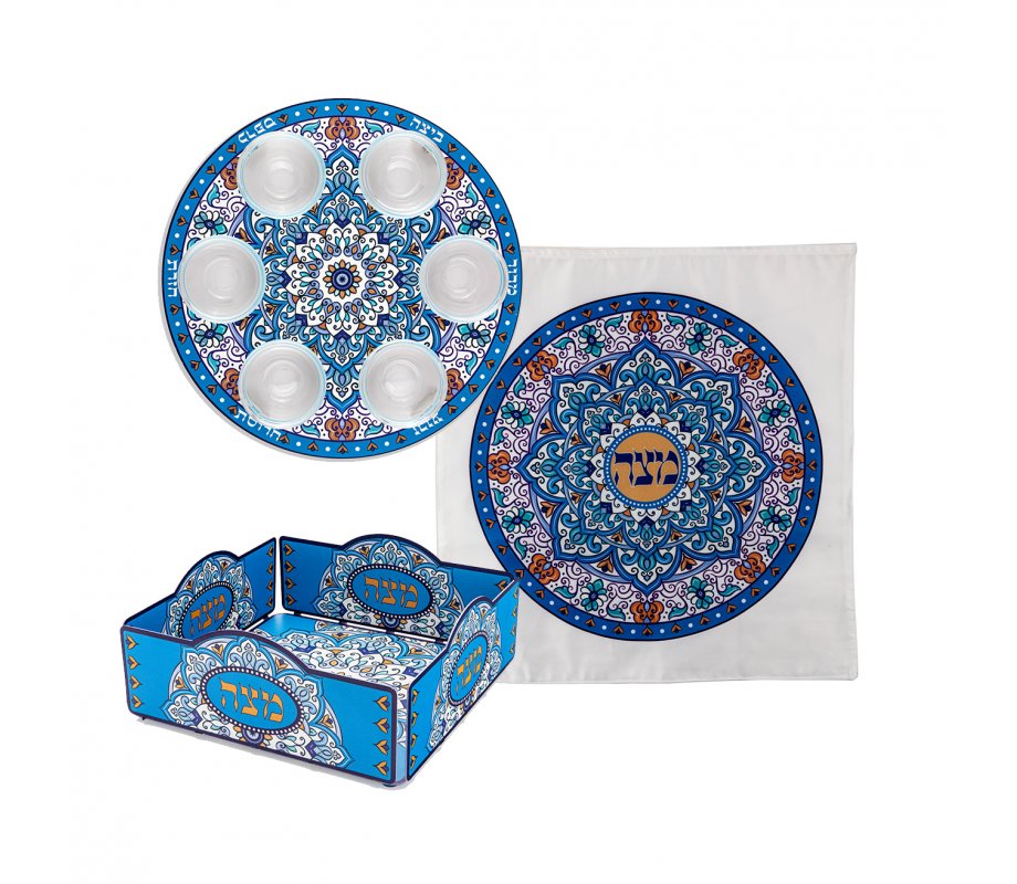 3-Piece Pesach Set, Plate & Cover & Tray with Blue & Orange Mandala - Dorit Judaica