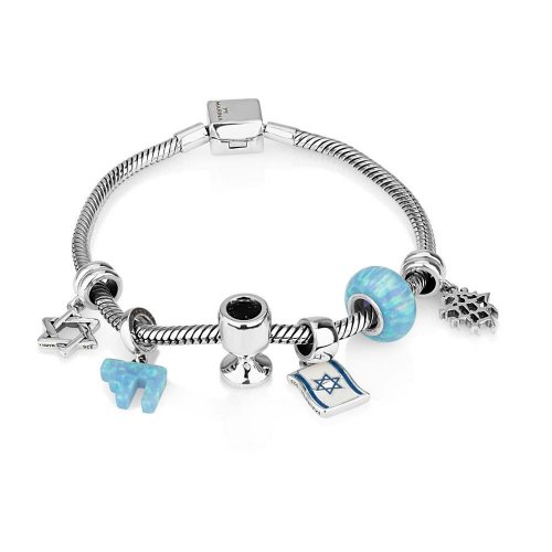 6 Judaica Charm Silver Bracelet - Shades of Blue
