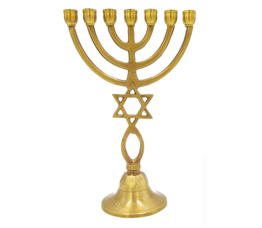 7 Branch Menorah with Star of David and Grafted In Fish Symbol, Dark Gold Brass – 9