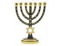 7-Branch Menorah, Gold with Green Enamel Star of David and Judaic Symbols - 9.5