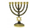 7-Branch Menorah, Gold with Green Enamel Star of David and Judaic Symbols - 9.5