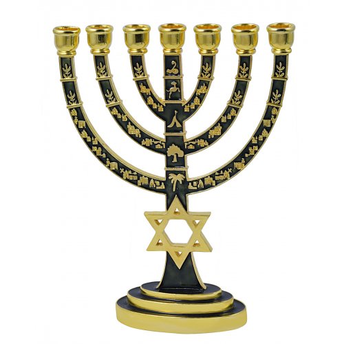 7-Branch Menorah, Gold with Green Enamel Star of David and Judaic Symbols - 9.5