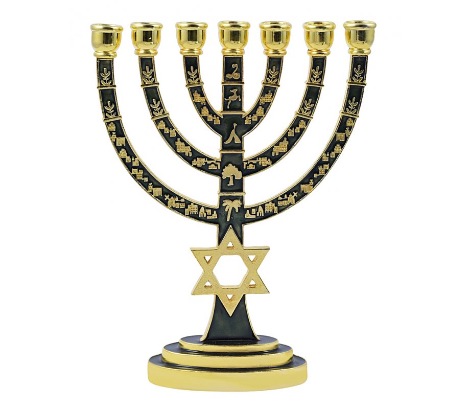 7-Branch Menorah, Gold with Green Enamel Star of David and Judaic Symbols - 9.5”