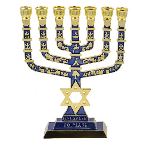 7-Branch Menorah with Judaic & Jerusalem Images & Star of David, Dark Blue - 9.5