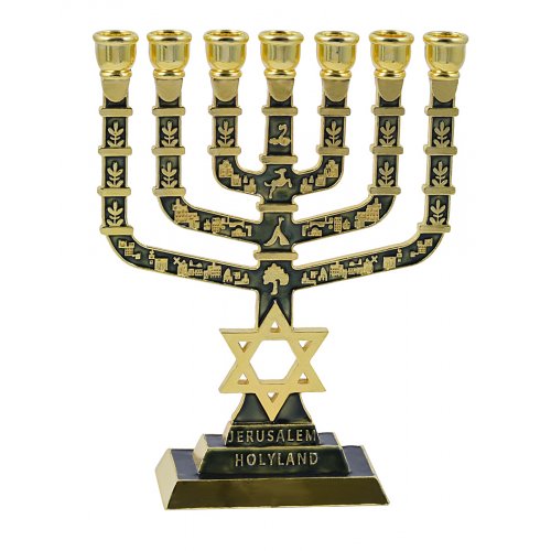 7-Branch Menorah with Judaic & Jerusalem Images & Star of David, Dark Green - 9.5