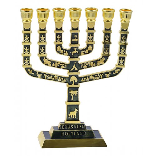 7-Branch Menorah with Judaic Motifs & Jerusalem Images, Gold and Dark Green - 9.5
