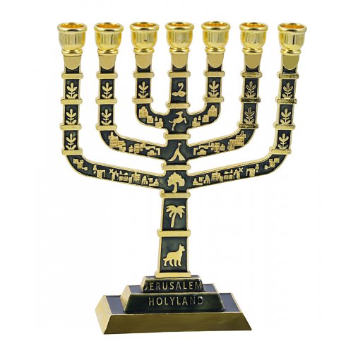 7-Branch Menorah with Judaic Motifs & Jerusalem Images, Gold and Dark Green - 9.5