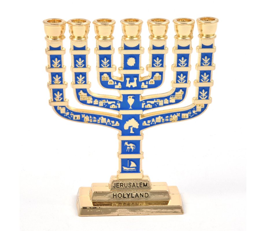 7-Branch Miniature Menorah with Judaic Symbols, Gold and Blue - 2.7