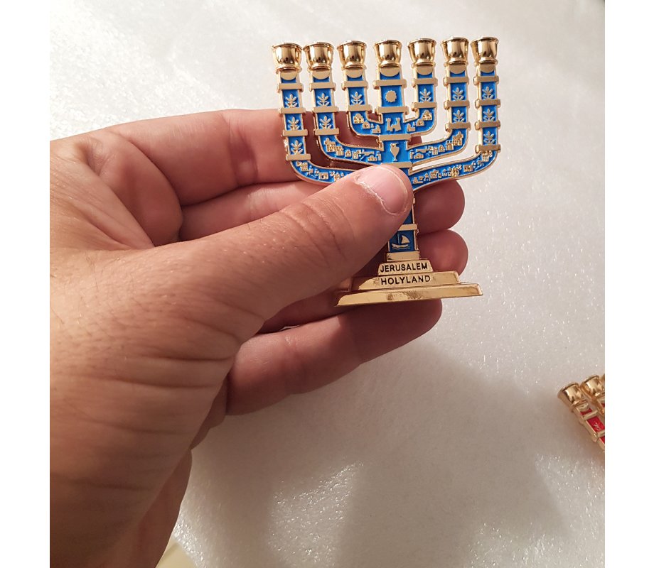 7-Branch Miniature Menorah with Judaic Symbols, Gold and Blue - 2.7
