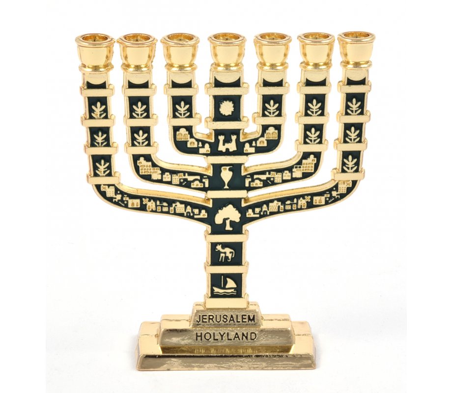 7-Branch Miniature Menorah with Judaic Symbols, Gold and Dark Green - 2.7