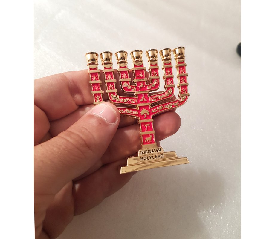 7-Branch Miniature Menorah with Judaic Symbols, Gold and Red - 2.7