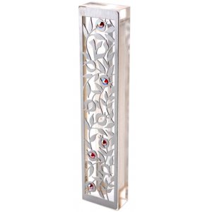 Laser Cut Steel Mezuzah Case Pomegranates - Swarovski Stones by Dorit Judaica