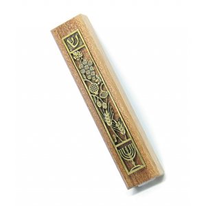 Seven Species Wood and Metal Mezuzah Case