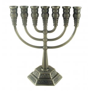 Pewter Seven Branch Menorah, Jerusalem Images - Choice 5.3" or 8.6" Height