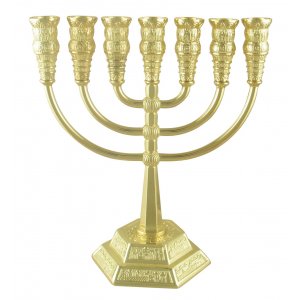 Gold Seven Branch Menorah, Jerusalem Images - Choice: 5.3" or 8.6" Height