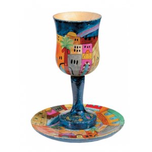 Hand Painted Wood Stem Kiddush Cup and Plate, Jerusalem - Yair Emanuel