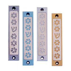 Mezuzah Case with Five Flowers and Shin in Light Colors, 4 Inches Height - Agayof