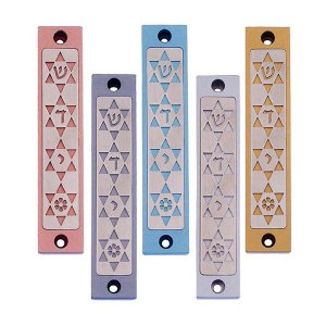 Mezuzah Case with Four Stars of David, in Light Colors at 4 Inches Height - Agayof