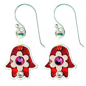 Red-pink Flower Hamsa Earrings - Ester Shahaf